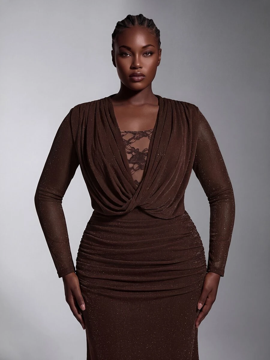 Elitara Plus Size Elegant Fashion Coffee Brown Knit Silver Thread Fabric Lace Patchwork Cowl Neck Long Sleeve Ruched Design Mermaid Long Dress Suitable For Vacation Wedding Event Birthday Party Formal Evening Gown - Coffee Brown - View 1