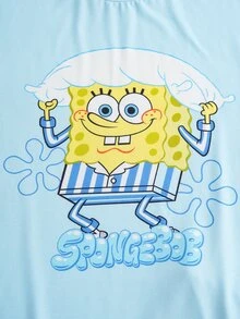 SpongeBob SquarePants | SHEIN Plus Size Cartoon Print Top & Shorts Pajama Set - Baby Blue - View 4