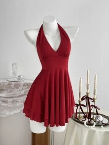 Elamini Set Gaun Mini Seksi Leher V Model Halter Warna Merah Anggur Minimalis untuk Pesta Wanita + Atasan Syal - Burgundy - View 5