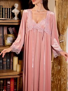 PalaceNights 2pcs Women's Heavy Embroidery Lace Velvet Robe & Camisole Dress Set - Pink - View 7