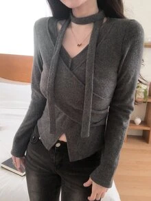 DAZY Women's Autumn/Winter Casual Cross Wrap T-Shirt - Grey - View 5
