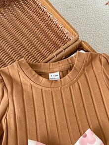 SHEIN 女嬰 0-3歲 春/秋季可愛針織長袖拼接花卉洋裝，適合上學、外出及多種場合 - 彩色 - 查看 5