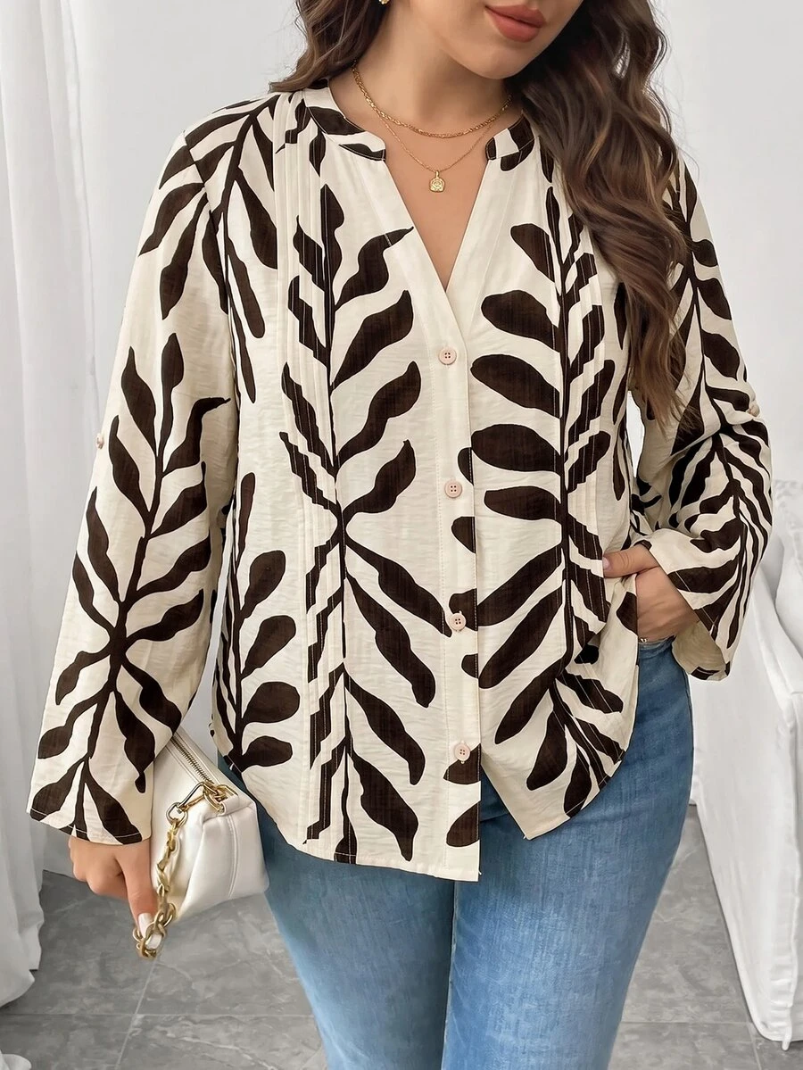 Modelyn Plus Size Women's Leaf Print Casual Versatile Daily Wear Shirt - Multicolor - View 1
