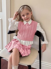 SHEIN 少女甜美時尚麻花編織背心外套 - 粉色 - 查看 9