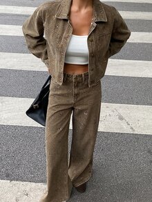 DAZY Women's Rhinestone Decorated Short Jacket And Loose Straight Leg Pants Vacation Style Brown Denim Set - Khaki - View 1