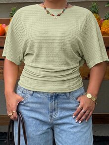 Muchica 夏季休閒優雅寬鬆鼠尾草綠蝙蝠袖大尺碼T恤，適合秋季早午餐、度假、外出穿著 - 薄荷綠 - 查看 3