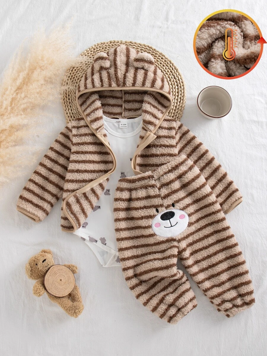 SHEIN 3件組男嬰棕色條紋熊刺繡連帽外套、白色印花連身衣、毛絨長褲套裝,可愛秋冬休閒親子套裝 - 彩色 - 查看 1