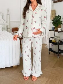 Moonlight&Mama Contrast Color Trim Ruffle Cuff & Hem Plush Striped Maternity Pajama Set - White - View 3