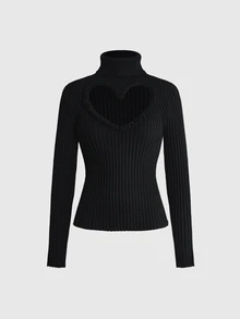 ROMWE Goth Black Daily Heart Hollow High Neck Ribbed Slim Fit Women's Sweater - Black - View 1