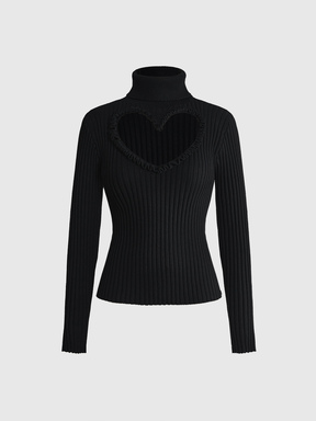 Goth Schwarzer täglicher Damenpullover mit Herz-Ausschnitt, hohem Kragen, geripptem Slim Fit