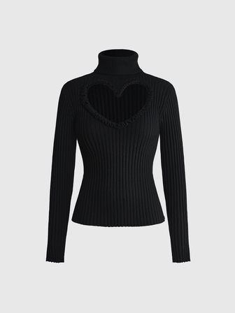 Goth Pull femme noir à col montant, côtelé, coupe slim, avec motif cœur ajouré, pour tous les jours