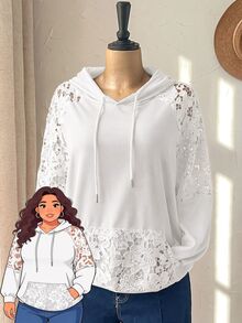 Rusticease Plus Size Women's Contrast Lace Raglan Long Sleeve Pocket Drawstring Hooded Sweatshirt Fall - White - View 1