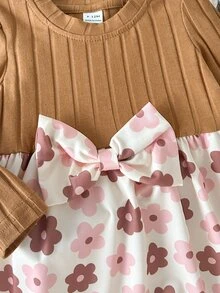 SHEIN 女嬰 0-3歲 春/秋季可愛針織長袖拼接花卉洋裝，適合上學、外出及多種場合 - 彩色 - 查看 6