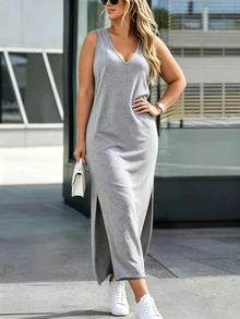 Silhoulove Gaun Tank Kasual Wanita Ukuran Plus Warna Polos Leher V dengan Belahan Samping di Bagian Bawah - Light Grey - View 3