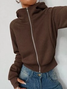 SHEIN EZwear 女士休閒舒適咖啡棕色開襟連帽長袖衛衣，秋冬季 - 棕色 - 查看 6