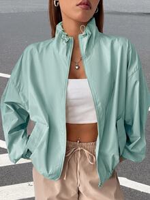 SHEIN EZwear Veste à fermeture éclair avec épaules tombantes pour l'automne/l'hiver - Vert - Voir 1