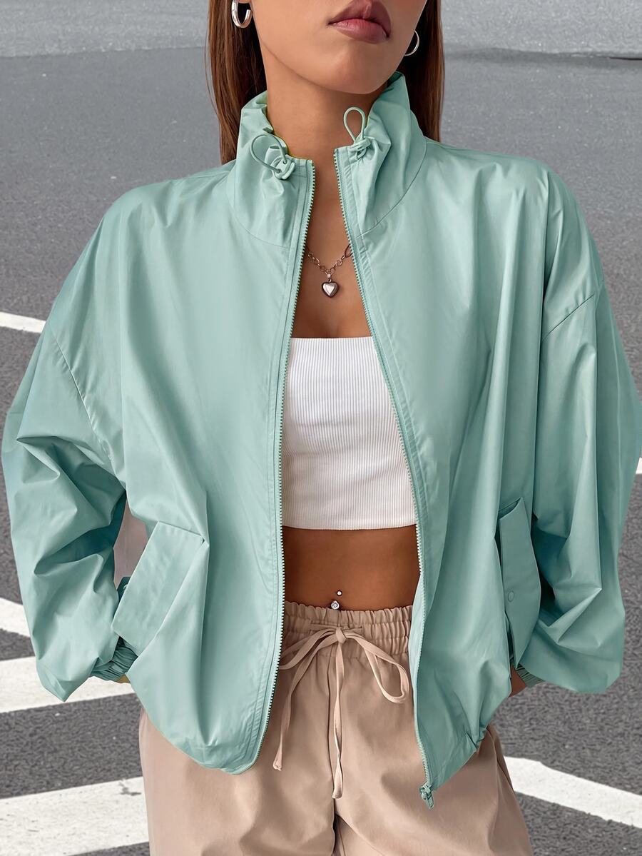 SHEIN EZwear Veste à fermeture éclair avec épaules tombantes pour l'automne/l'hiver - Vert - Voir 1