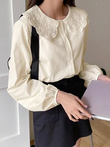 DAZY 女款彼得潘領單排扣可愛長袖襯衫 - 杏色 - 查看 5