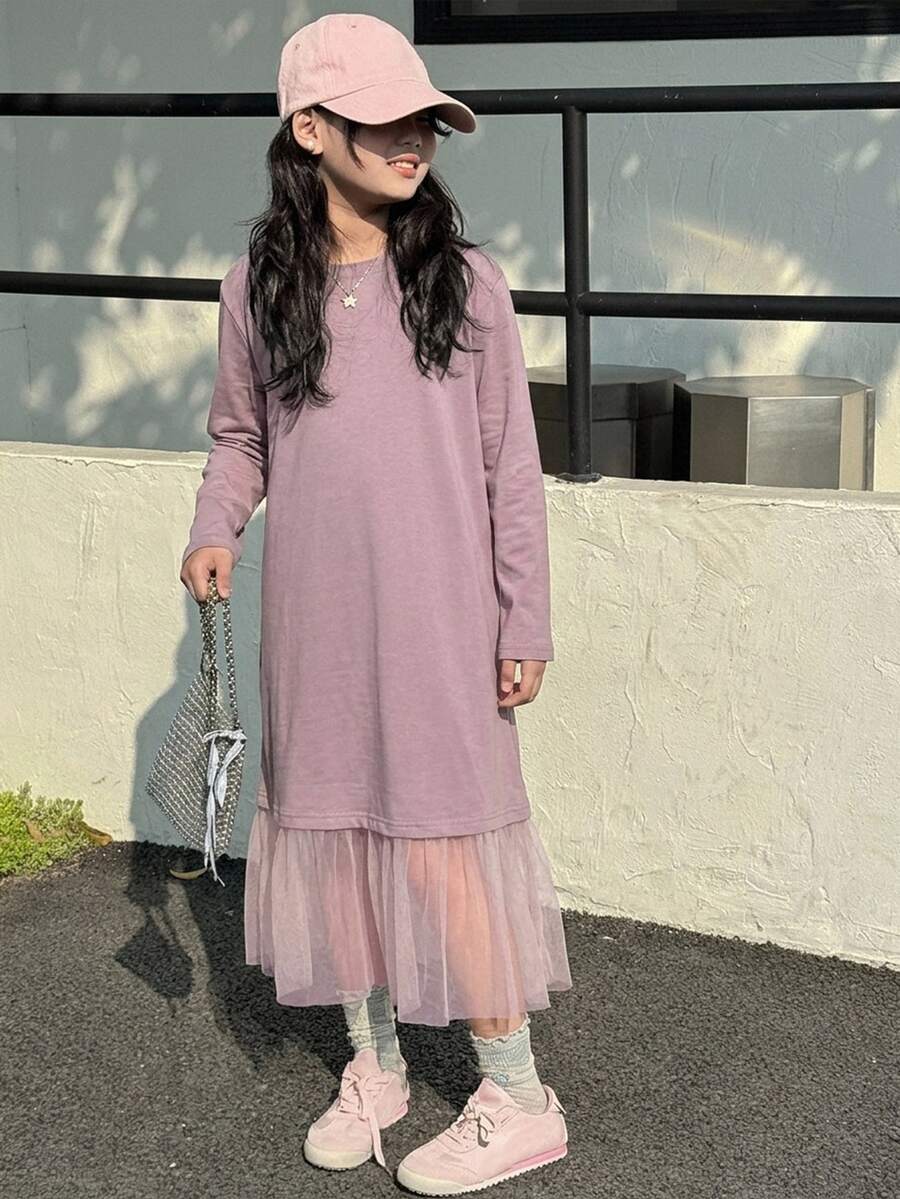 Dazy Kids 大童女孩秋季圓領針織短袖撞色網紗洋裝，適合夏季 - 淡紫色 - 查看 1