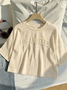 SHEIN EZwear 休閒簡約鮮豔杏色印花圖案圓領短袖短版女款T恤，適合夏季 - 杏色 - 查看 5