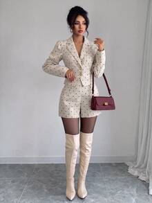SHEIN Elenzya Women's Polka Dot Print Button Jacket And Shorts Suit Set - Apricot - View 6
