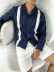 Manfinity Dauomo Men's Fashion Contrast Color Single-Breasted Casual Shirt - Blue - View 3