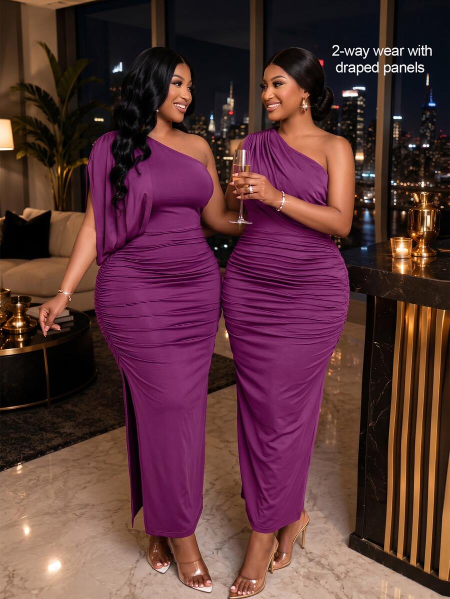 SOLERSUN Plus Size Asymmetrical Shoulder Draped Cape Sleeve Fitted Long Dress With Side Ruched High Slit Middle Eastern Evening Party Elegant Purple - Purple - View 1