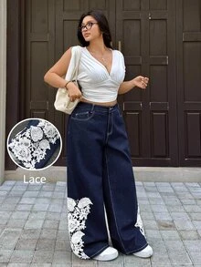 Rivivi Plus Size Women Non-Stretch Denim Straight Leg Pants, Cowboy Outfits For Women - Dark Wash - View 1