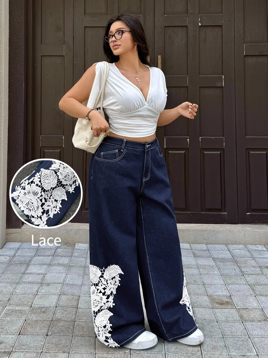 Rivivi Plus Size Women Non-Stretch Denim Straight Leg Pants, Cowboy Outfits For Women - Dark Wash - View 1