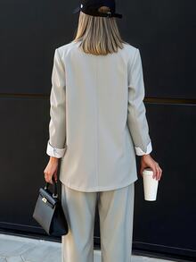 SHEIN New Minimalist Elegant Daily Commute Notch Lapel Double-Breasted Women's Casual Blazer Jacket - Grey - View 3