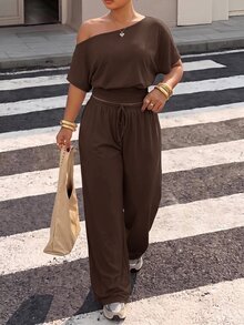 Muchica Plus Size Women Solid Color Asymmetrical Shoulder Top And Pants Casual Daily Set Fall - Chocolate Brown - View 6