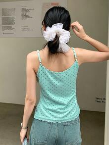 K-Vae 女款綠色波點蕾絲飾邊細肩帶背心上衣，甜美可愛修身夏季上衣，柔軟針織，韓系休閒百搭，街頭風，日常約會穿搭 - 薄荷藍 - 查看 2