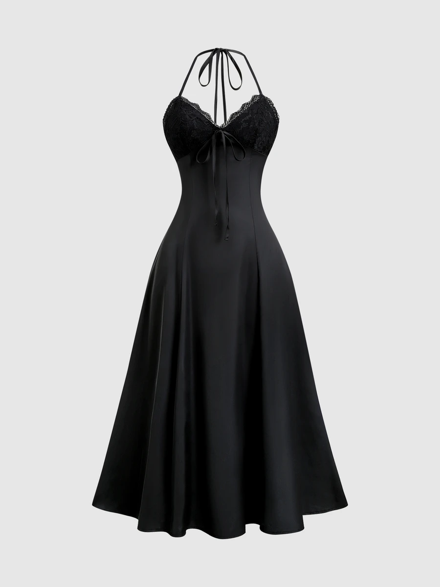 Sweetra Women's Lace Patchwork Satin Spaghetti Strap Backless Dress, Sexy & Elegant, Party & Banquet Style - Black - View 1