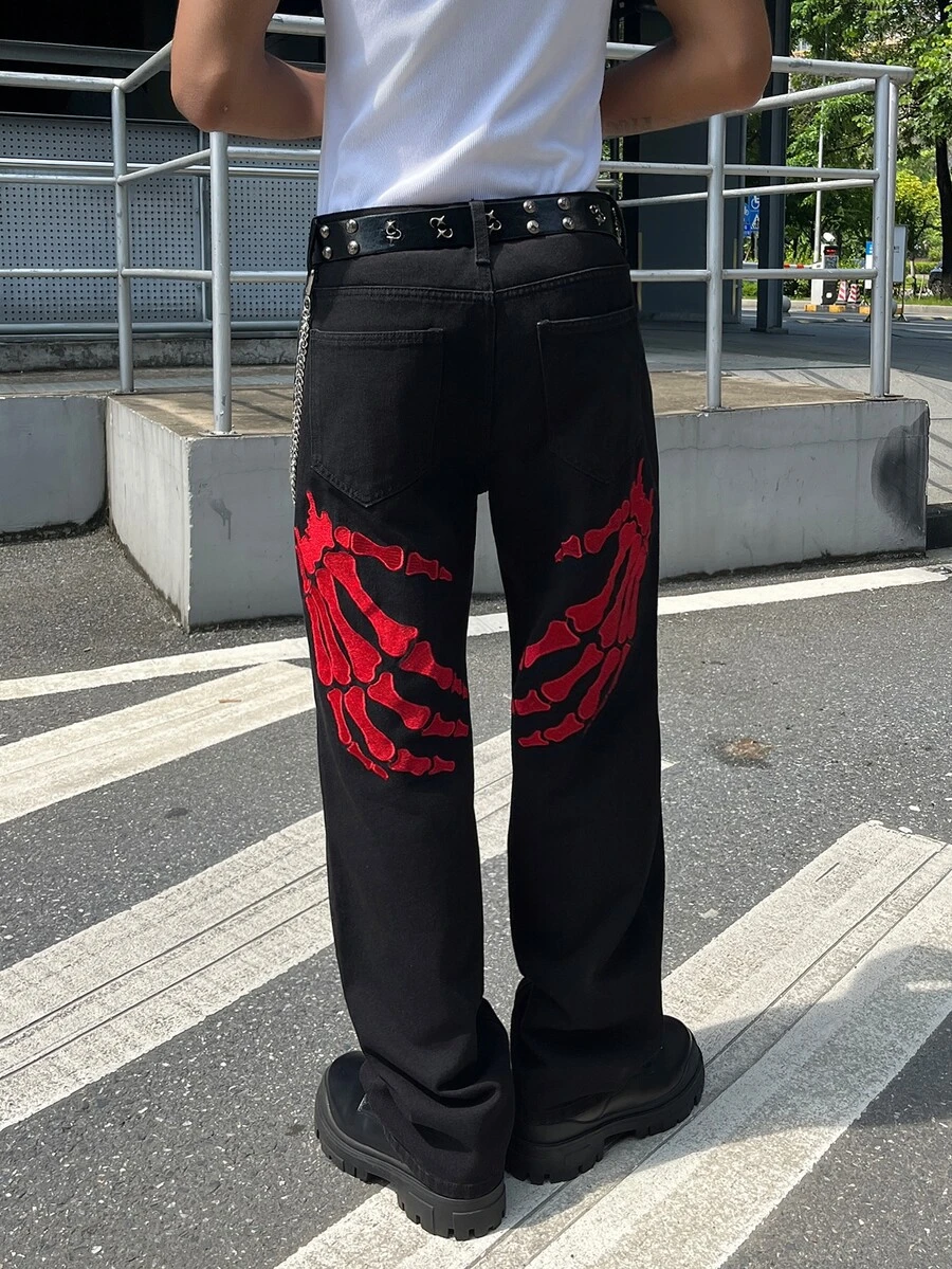 Manfinity EMRG Men Y2K Black Denim Pants Skeleton Palm Embroidery Design Loose Fit Bootcut Jeans Hip Hop Goth Casu - Black - View 1