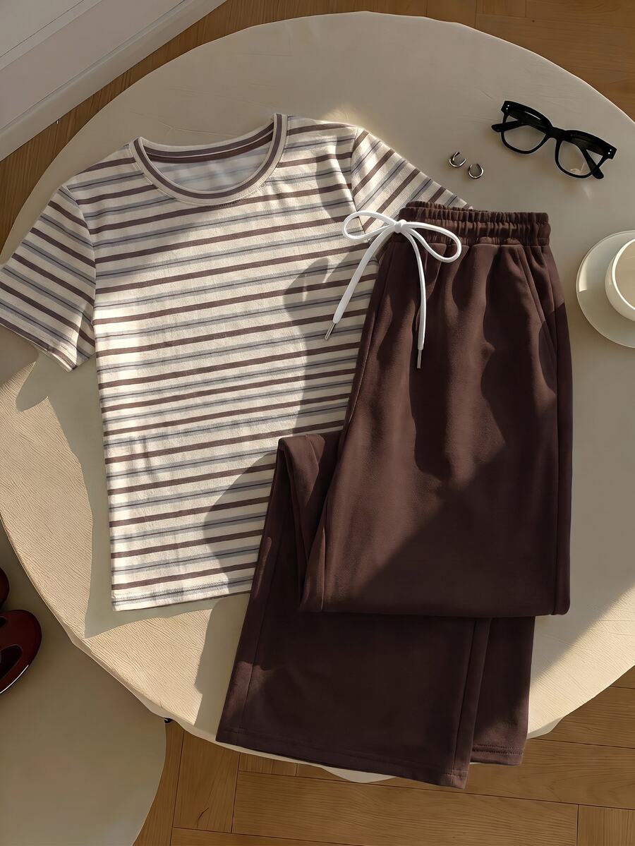 Muvela Casual Minimalist Striped Top And Brown Long Pants 2-Piece Set, Crew Neck Short Sleeve Top And Striped Print Pants, Suitable For Spring And Summer - Multicolor - View 1