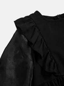 SHEIN Kids Young Girl Casual Daily Fashion Petal Sleeve Black Round Neck Patchwork A-Line Dress - Black - View 4
