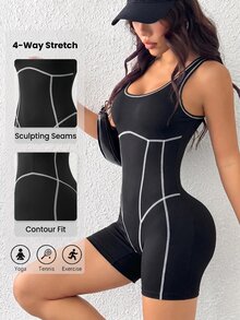 StreetHx Women's Black & White Contrast U-Neck Open Back Sports Jumpsuit - Black - View 1