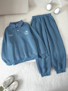 SHEIN 2pcs Tween Boys Gray-Blue Sporty Fashion Casual POLO Sweatshirt And Pants Set - Blue - View 3