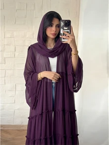 Yasmyna عباية نسائية من الشيفون الشفاف البنفسجي بأكمام طويلة وقصة فضفاضة مع حافة مكشكشة متعددة الطبقات، مناسبة للعطلات والاستخدام اليومي والمواعيد والتنقل - أحمر بنفسجي - مشاهدة 7
