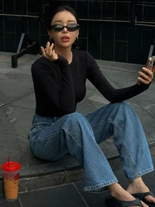 DAZY 女款純色露背修身百搭日常休閒上衣 秋季 - 黑色 - 查看 6