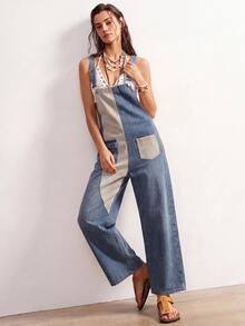 Bohemela Women's Street Style Colorblock Pocket Denim Overalls Work Outfits For Women - Light Wash - View 1