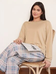 Doze Lane Plus Size Solid Color Long Sleeve Top And Puff Wrinkled Fabric Plaid Print Pants Pajama Set - Multicolor - View 1