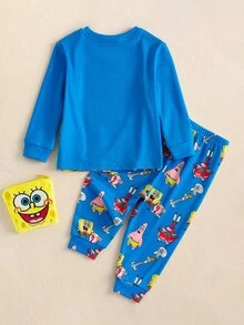 SpongeBob SquarePants | SHEIN ملابس منزلية ضيقة للرضيع الذكر بقمة ذات رقبة مستديرة وأكمام طويلة وبنطال طويل - الأزرق - مشاهدة 2