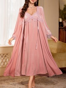 PalaceNights 2pcs Women's Heavy Embroidery Lace Velvet Robe & Camisole Dress Set - Pink - View 1