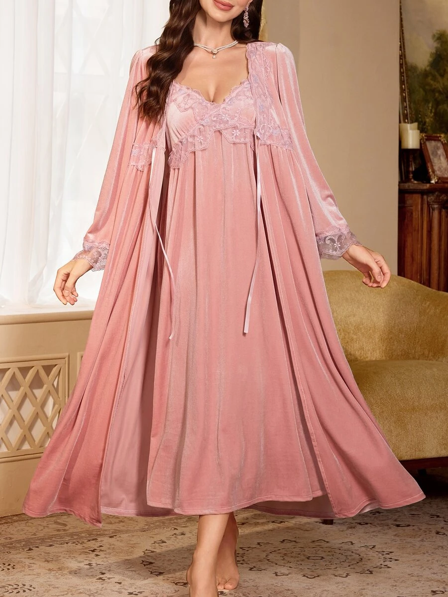 PalaceNights 2pcs Women's Heavy Embroidery Lace Velvet Robe & Camisole Dress Set - Pink - View 1