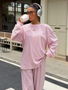 Muchica 2件組女款休閒學院風套裝：粉色條紋保暖長袖T恤與長褲兩件套（假期返校）早午餐秋季穿搭 - 粉色 - 查看 7