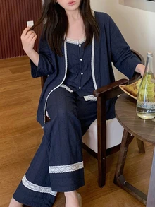 Dazy Plus 3件組度假風居家服套裝，紋理波點布料，大尺碼女款春夏白色睡衣套裝 - 藏蓝色 - 查看 5