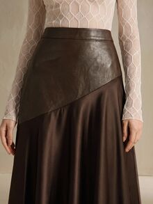 Anewsta Women's Elegant Skirt, Versatile Casual Commute PU Patchwork Satin Skirt - Coffee Brown - View 4
