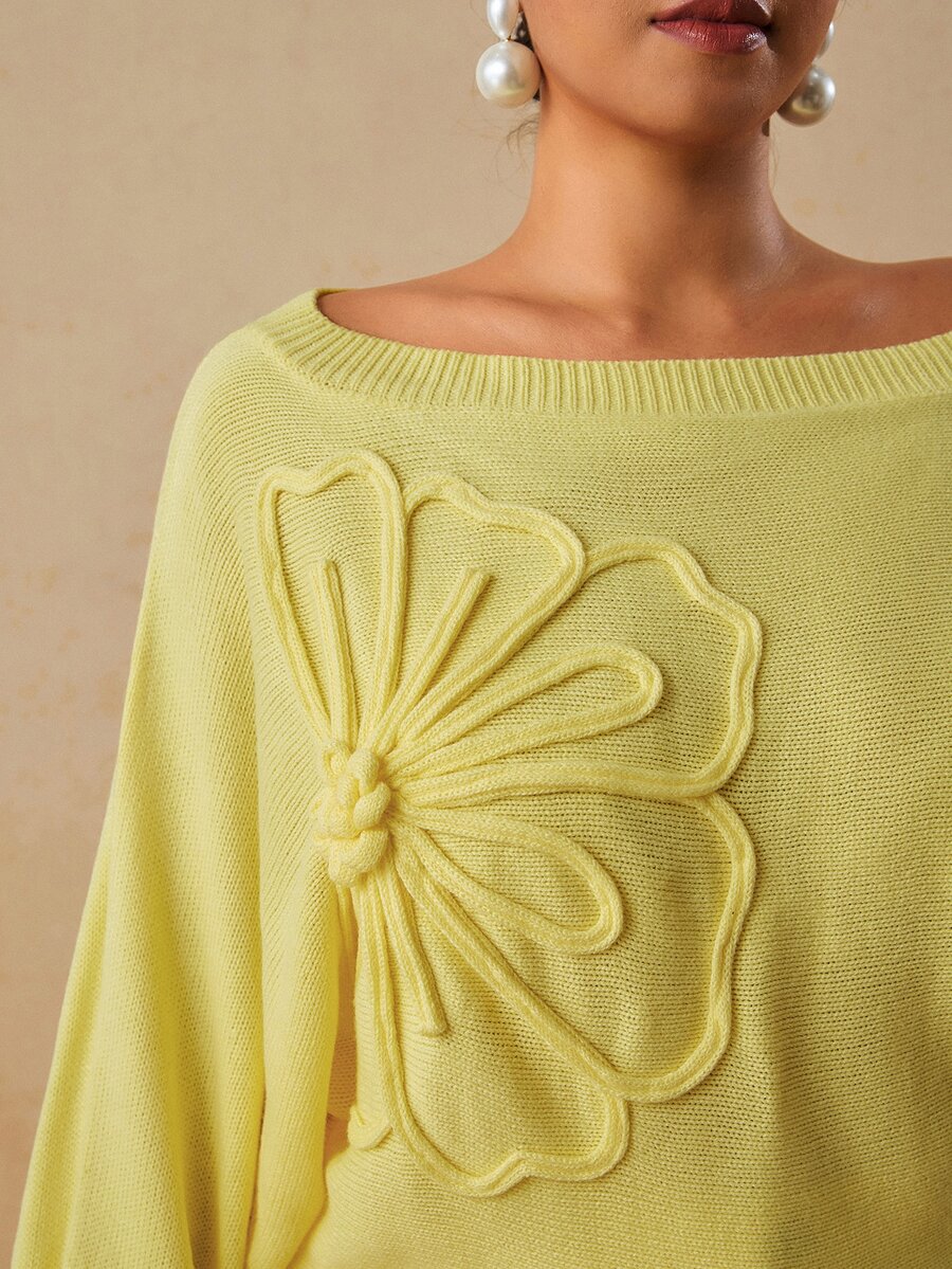 Travachic Casual Elegant Asymmetric Shoulder Pullover Sweater With 3D Twisted Rope Large Flower Detail, Loose Fit Flattering Plus Size - Yellow - View 1