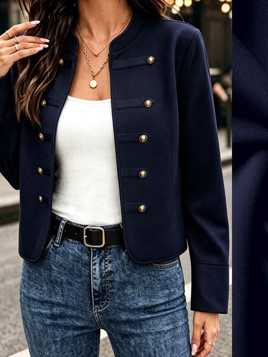 SHEIN LUNE CURVE Women's Autumn/Winter Vintage Napoleon Double-Breasted Short Jacket, Slimming And Versatile, Suitable For Outings, Commuting And Daily Wear Fall - Navy Blue - View 1